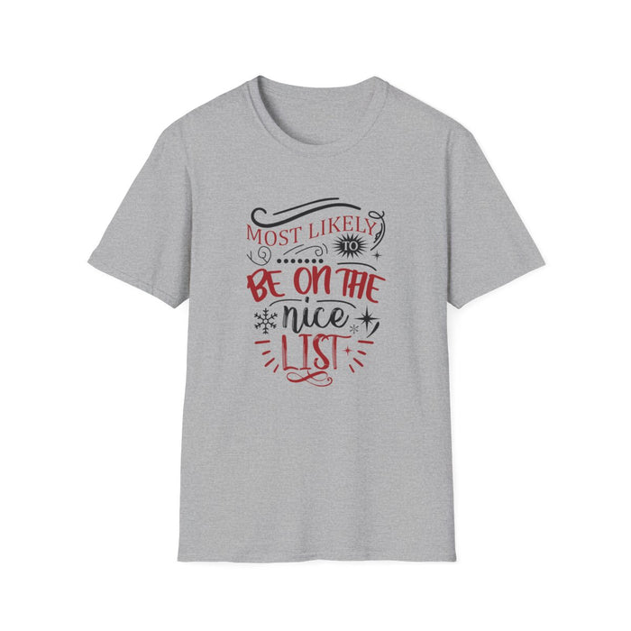 white t-shirt with most likely to be on the nice list funny christmas design