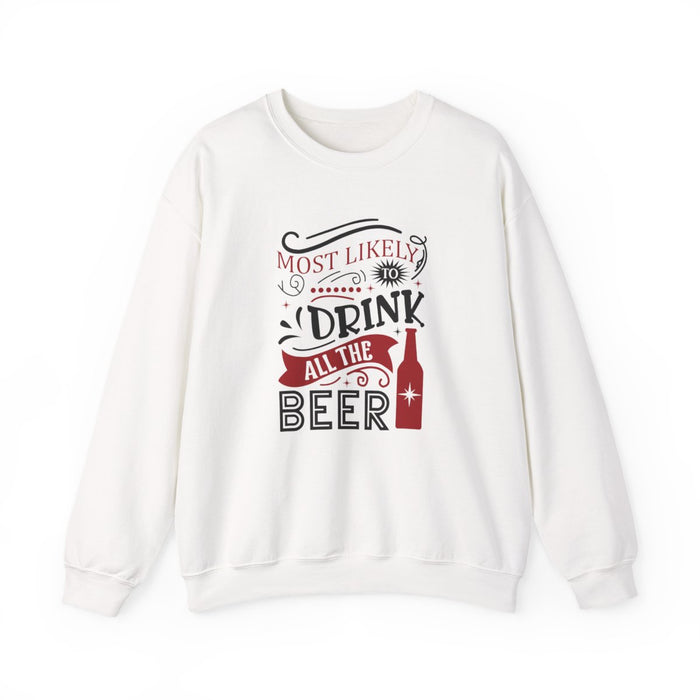 light pink sweatshirt with most likely to drink all the beer funny christmas design
