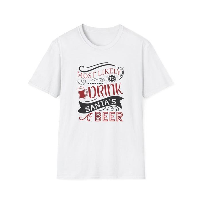 light blue t-shirt with most likely to drink santa's beer funny christmas slogan