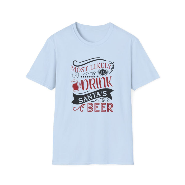 white t-shirt with most likely to drink santa's beer design for christmas gifts