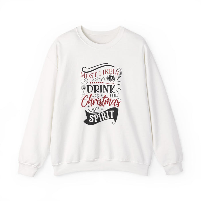 light pink sweatshirt with most likely to drink the christmas spirit funny christmas design