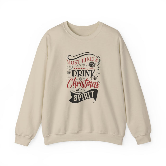 white sweatshirt with most likely to drink the christmas spirit bold holiday graphic