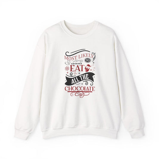 light pink sweatshirt with most likely to eat all the chocolate funny Christmas design
