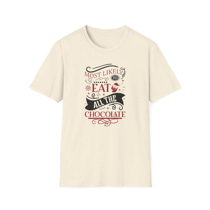 white t-shirt with funny chocolate lover Christmas graphic
