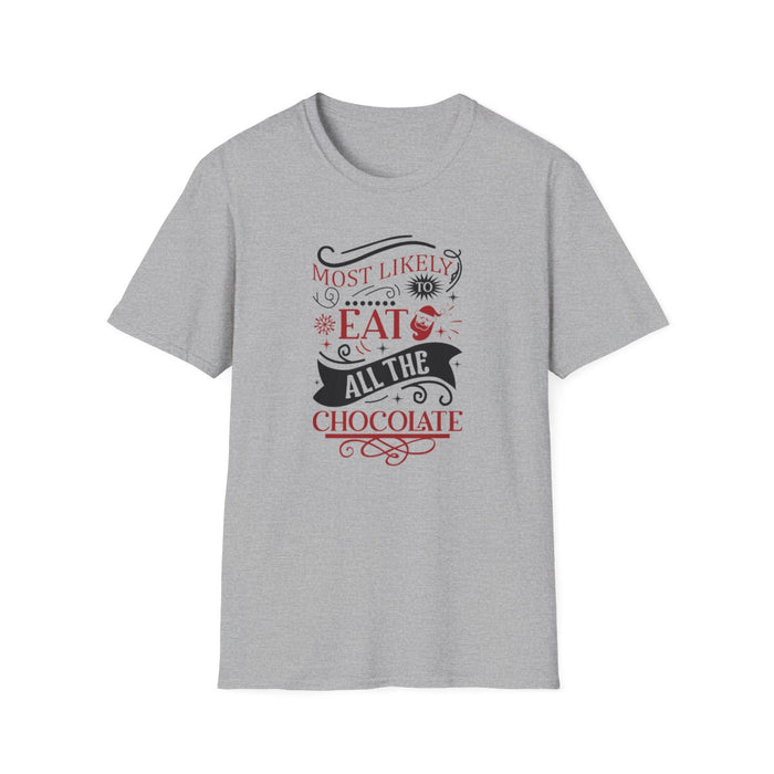 sport grey t-shirt with most likely to eat all the chocolate humorous design