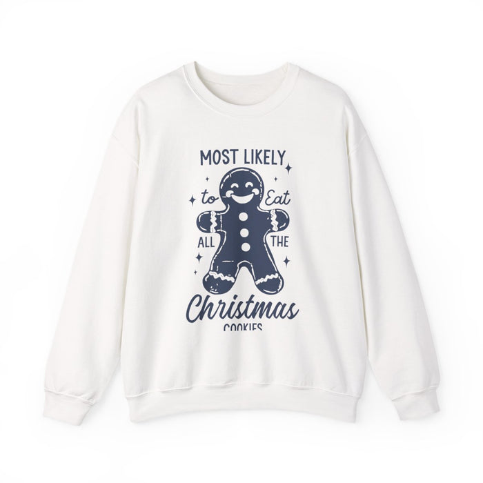 light pink sweatshirt with most likely to eat all the christmas cookies funny slogan design