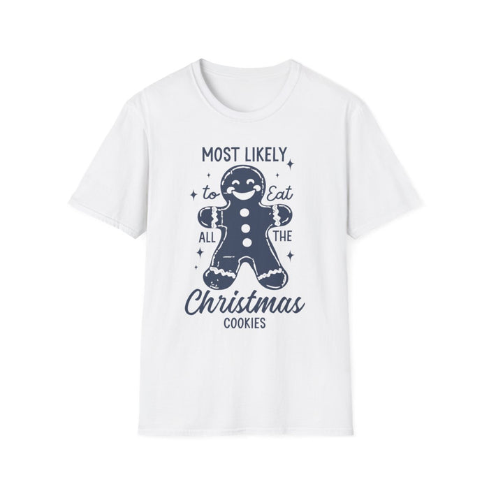 light blue t-shirt with most likely to eat all the christmas cookies funny Christmas design