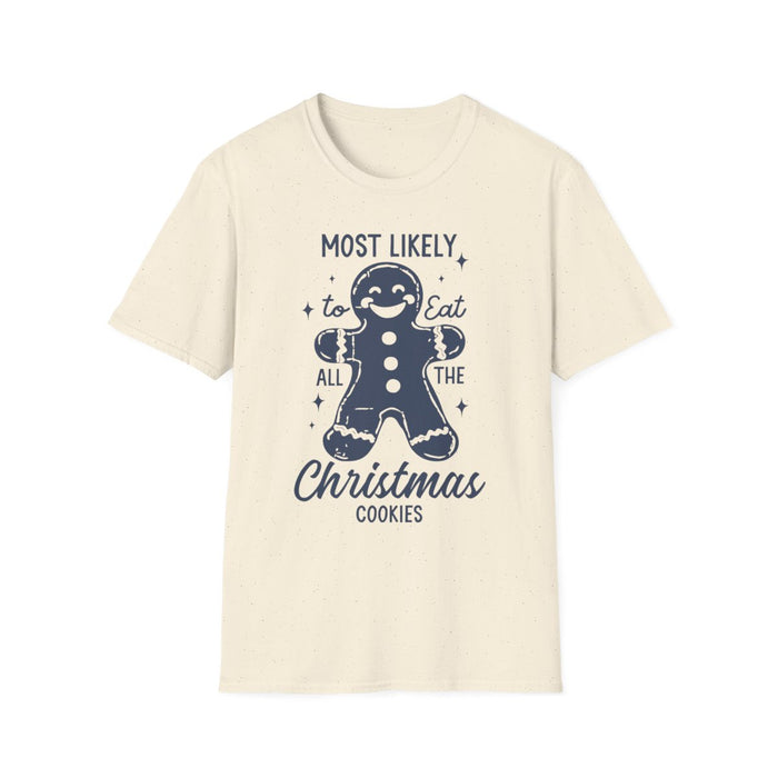 white t-shirt with most likely to eat all the christmas cookies playful holiday graphic