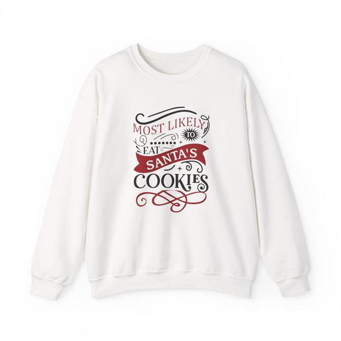 light pink sweatshirt with most likely to eat santa's cookies funny christmas design