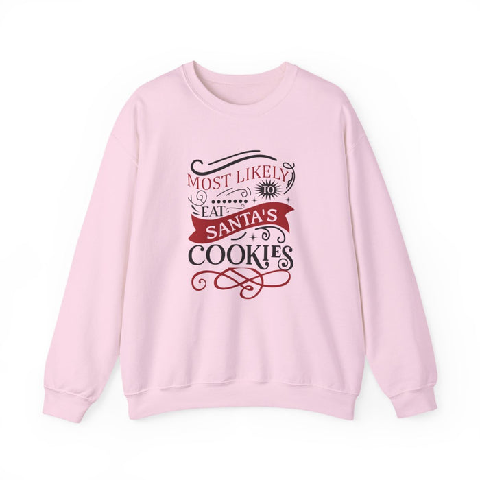 sand sweatshirt with most likely to eat santa's cookies humorous holiday graphic
