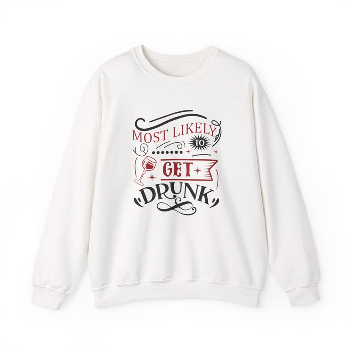 light pink sweatshirt with most likely to get drunk christmas funny design