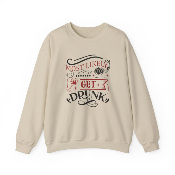 white sweatshirt with most likely to get drunk christmas funny slogan