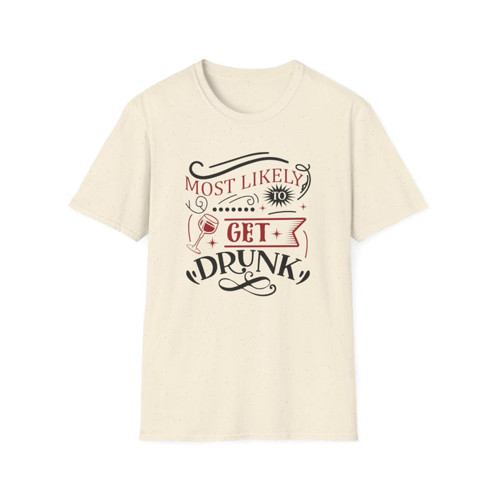 white t-shirt with most likely to get drunk funny christmas design
