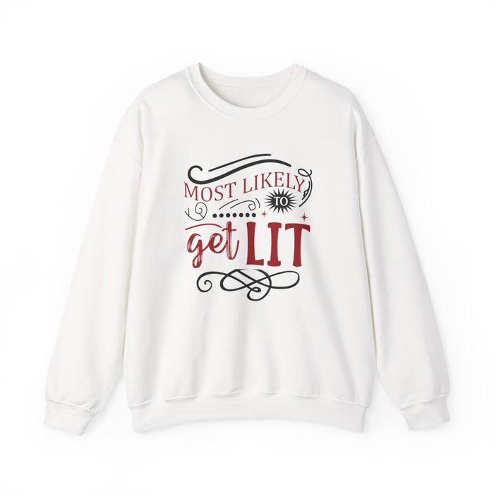 light pink sweatshirt with most likely to get lit funny christmas slogan design