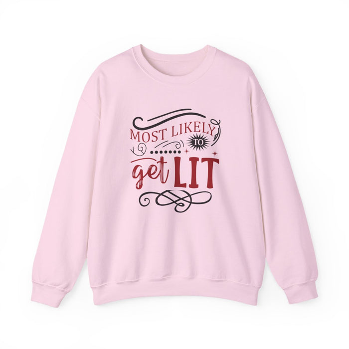 sand sweatshirt with most likely to get lit christmas party design front print