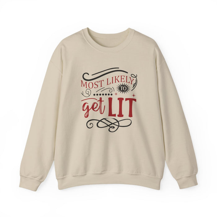 white sweatshirt with get lit christmas funny slogan for festive parties