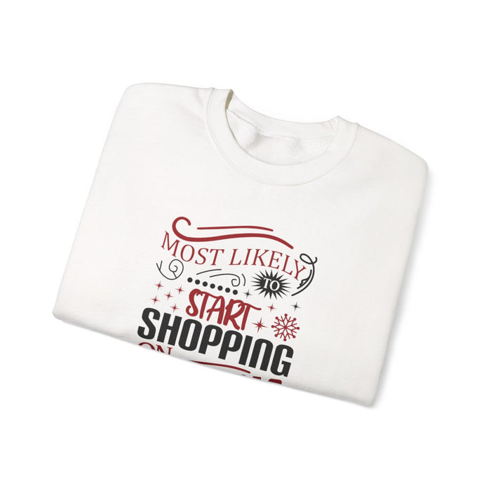 sweatshirt detail showing most likely to start shopping on christmas eve bold printed design