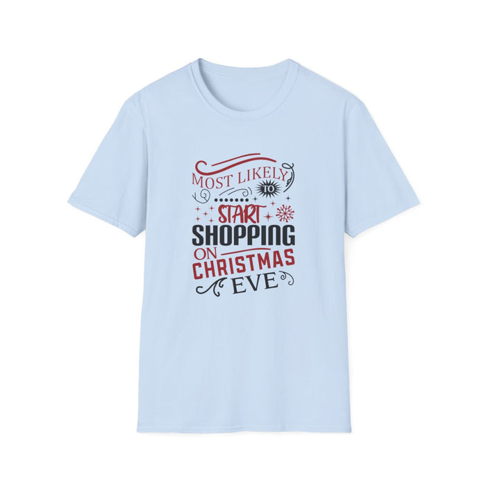 light blue t-shirt with christmas eve procrastinator graphic print