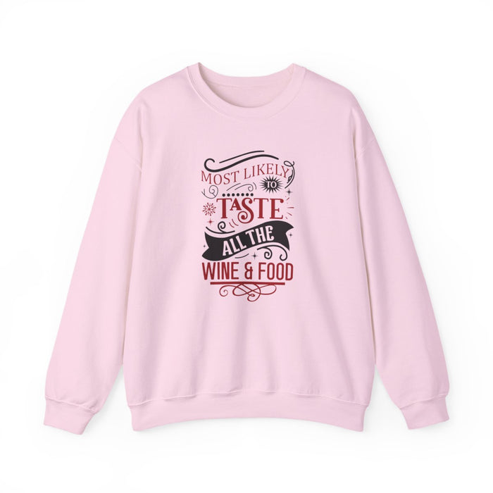 sand sweatshirt with festive wine and food Christmas graphic for holiday celebrations