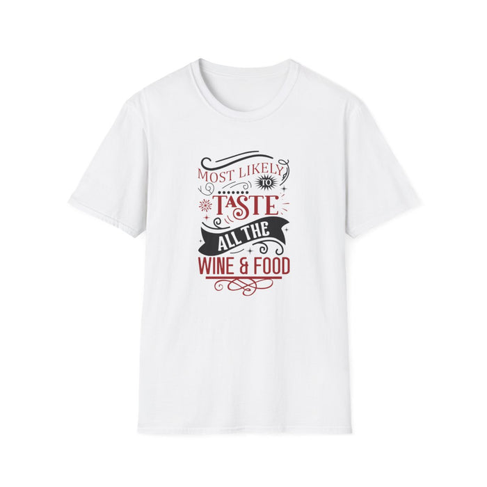 white t-shirt with humorous Christmas wine and food lover graphic