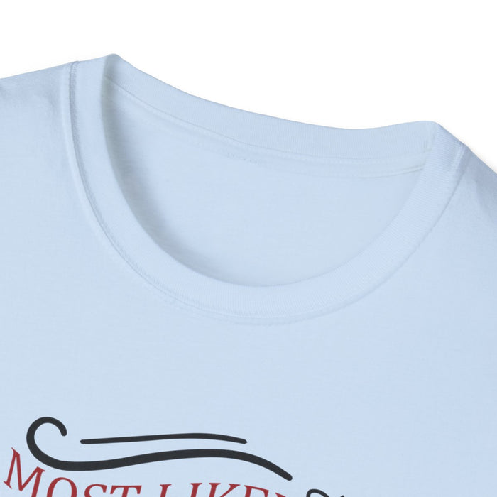 close-up of most likely to taste all the wine and food Christmas t-shirt print detail