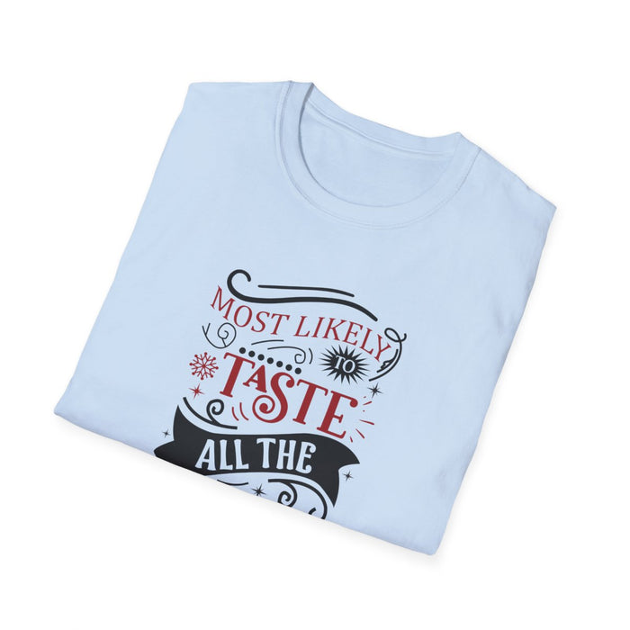model wearing light blue Christmas t-shirt with wine and food lover slogan