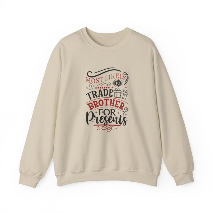 white sweatshirt with humorous sibling gift design for festive occasions