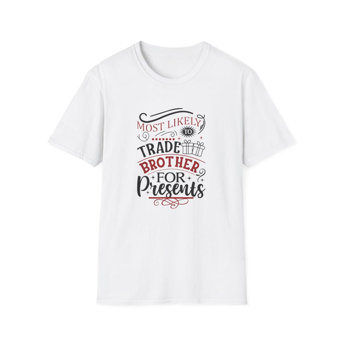 white t-shirt with playful trade brother for presents Christmas gift graphic