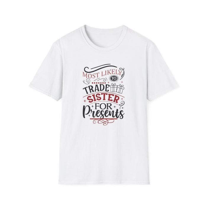 natural coloured t-shirt featuring trade sister for presents funny family design