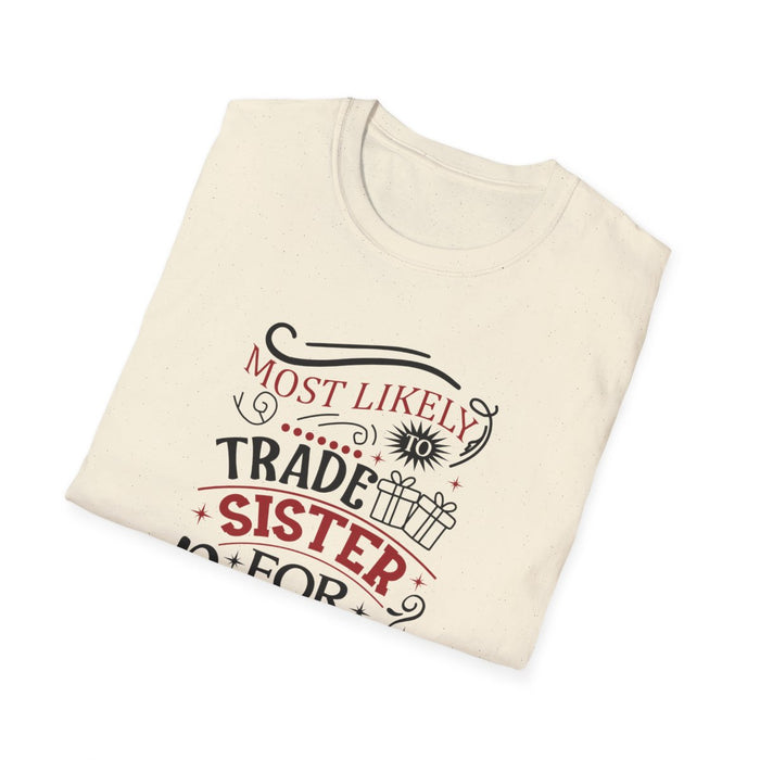 modelled view of sibling t-shirt with cheeky trade sister slogan