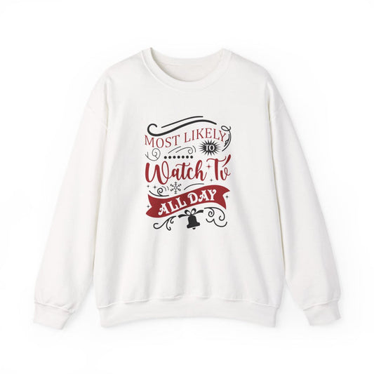 light pink sweatshirt with most likely to watch tv all day funny christmas design