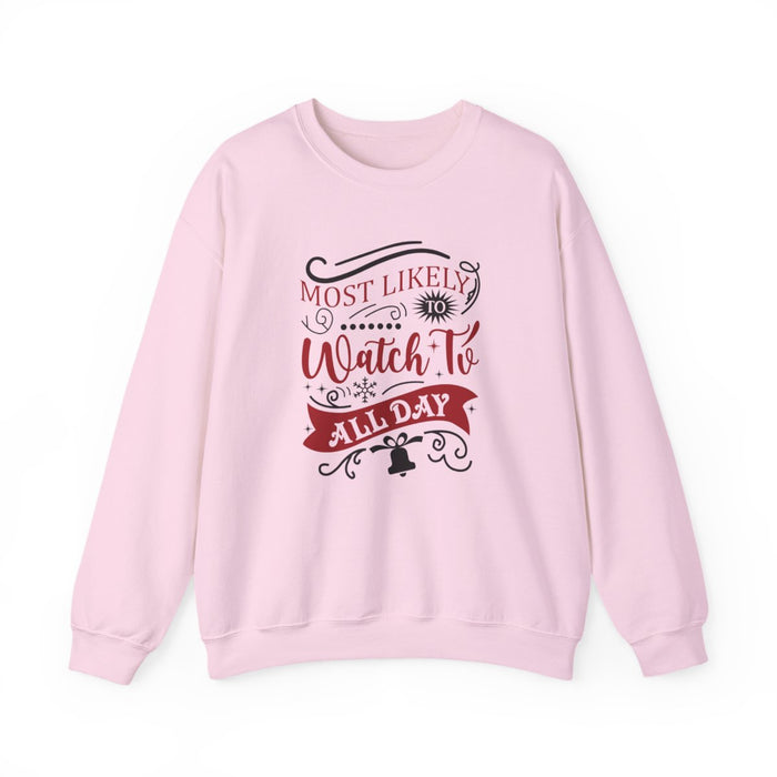 sand sweatshirt with most likely to watch tv all day christmas slogan print