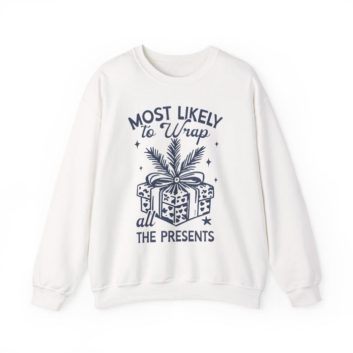 sand sweatshirt with most likely to wrap all the presents funny Christmas slogan