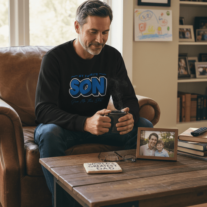 my favorite son sweatshirt size and colour guide flat lay