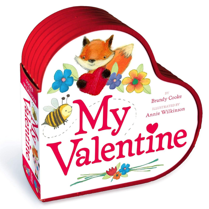 Heart-shaped Valentine’s Day board book with adorable animal illustrations and glossy red edges.