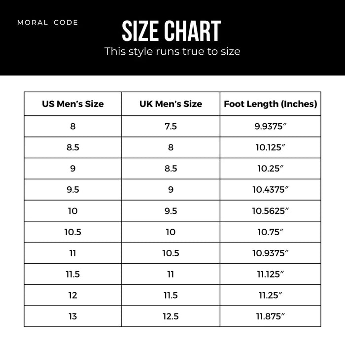 Men’s shoe size chart showing US, UK sizes and foot length in inches, true to size.