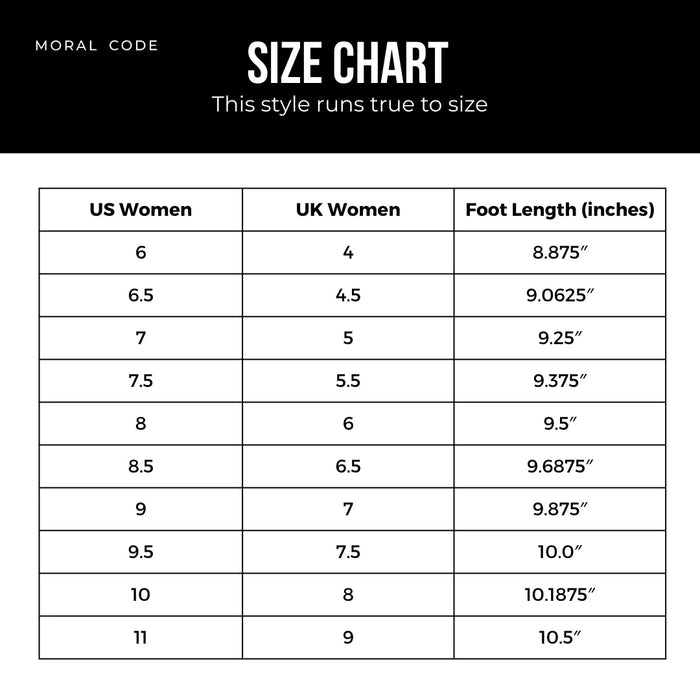 Women's footwear size chart comparing US, UK sizes and foot length in inches, true to size.