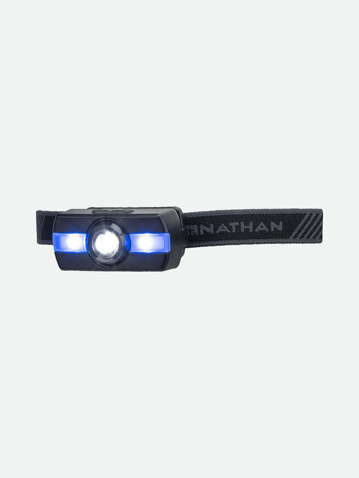color:Black||seo:Nathan Neutron Fire Runners' Safety Headlamp - Black - Side View - Blue Light On