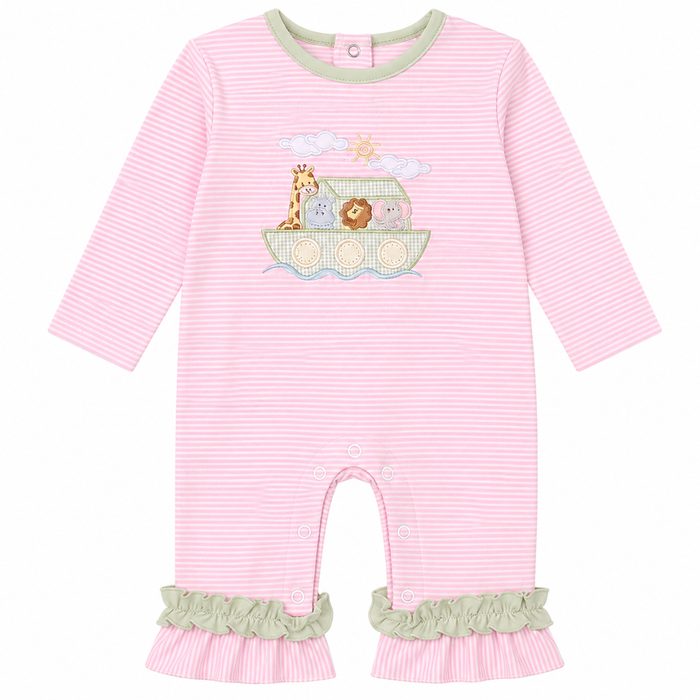 Baby girl pink striped romper with Noah’s Ark animal appliqué and ruffle trim at legs