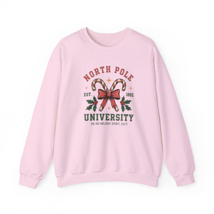 light pink sweatshirt with collegiate North Pole University Christmas design