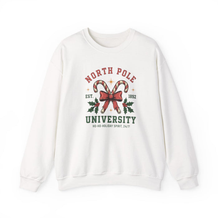 sand sweatshirt with funny North Pole University holiday graphic