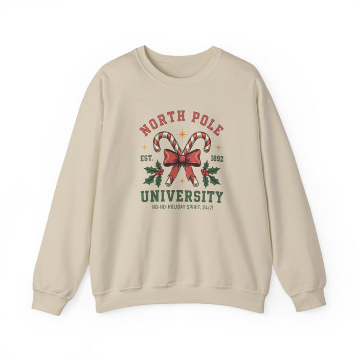 white sweatshirt with North Pole University festive print