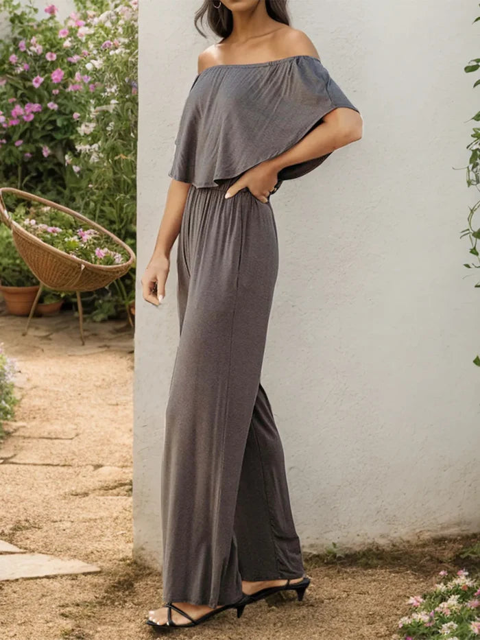 Off-Shoulder Pocketed Wide-Leg Stretch Jumpsuit