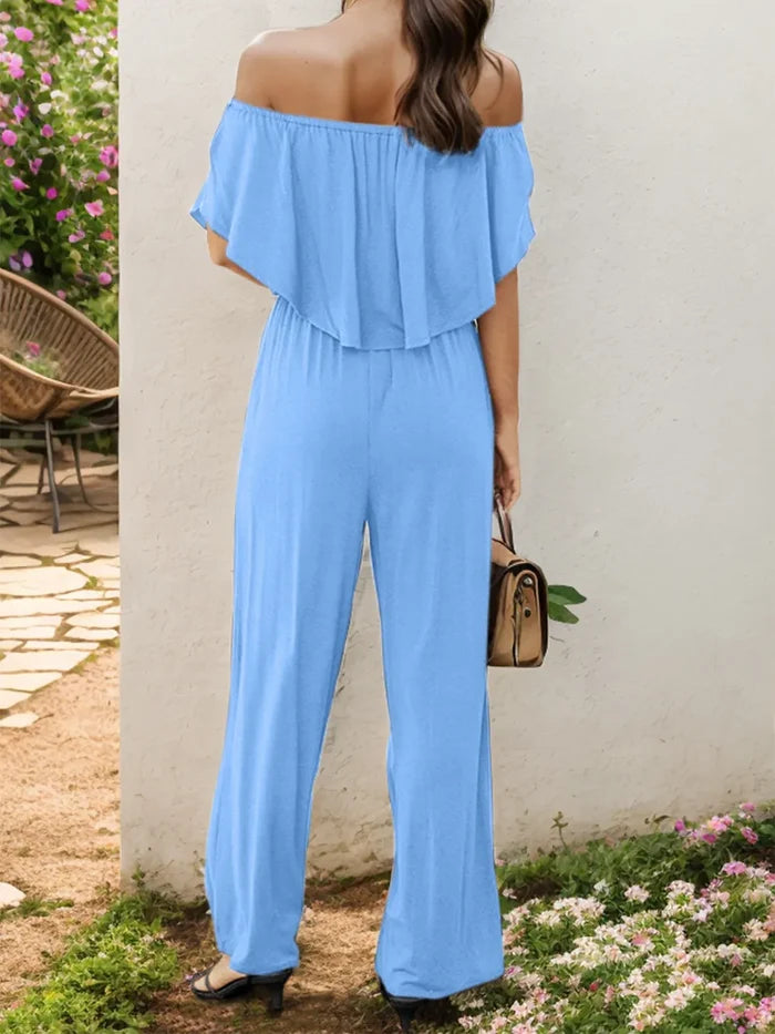 Off-Shoulder Pocketed Wide-Leg Stretch Jumpsuit
