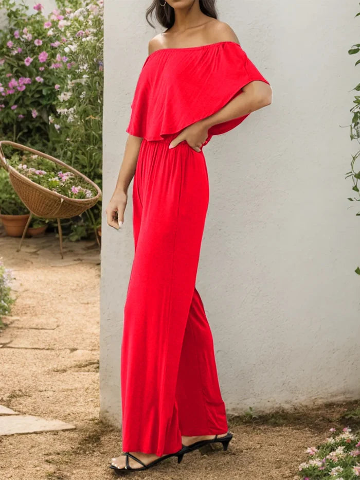 Off-Shoulder Pocketed Wide-Leg Stretch Jumpsuit