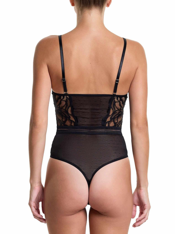 &oh™ Glamorous Grunge Bodysuit Black - Back View, Sheer Dotted Mesh with Adjustable Straps & Floral Lace Panels | Hanky Panky