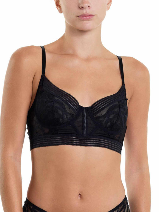 &oh™ Glamorous Grunge Black Longline Underwire Bra - Front View, Floral Lace & Striped Band | Hanky Panky