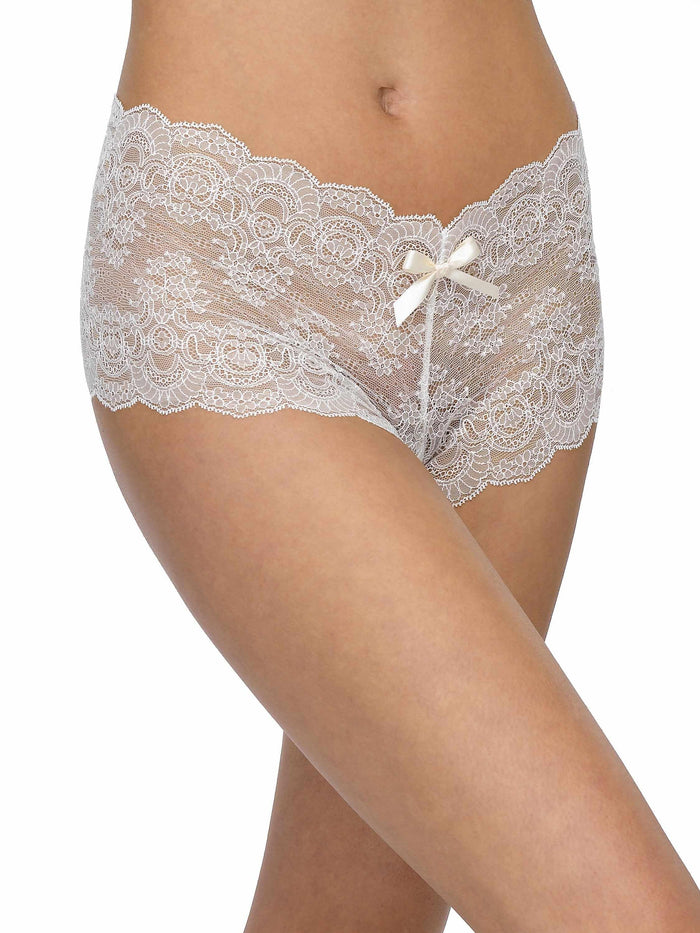 Ivory &oh™ Luxe Lace Crotchless Brief with Satin Bow - Side On-Model, crotchless lingerie | Hanky Panky