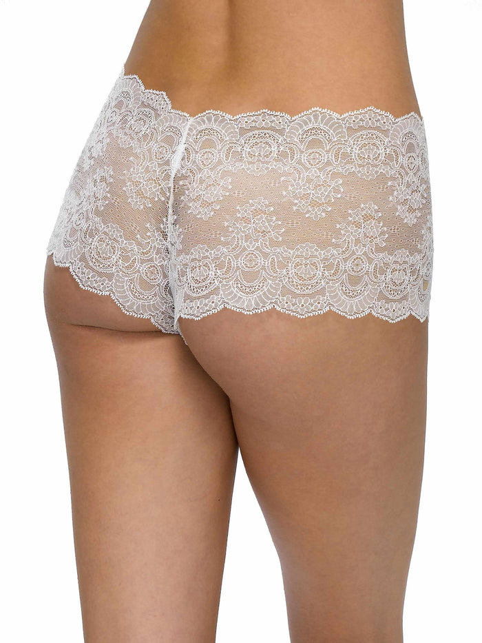 Ivory &oh™ Luxe Lace Crotchless Brief - Back View On-Model, sheer lace brief | Hanky Panky