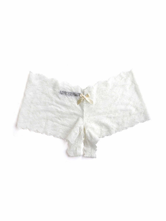 Ivory &oh™ Luxe Lace Crotchless Brief Open Gusset & Satin Bow Detail - Flat Lay | Hanky Panky